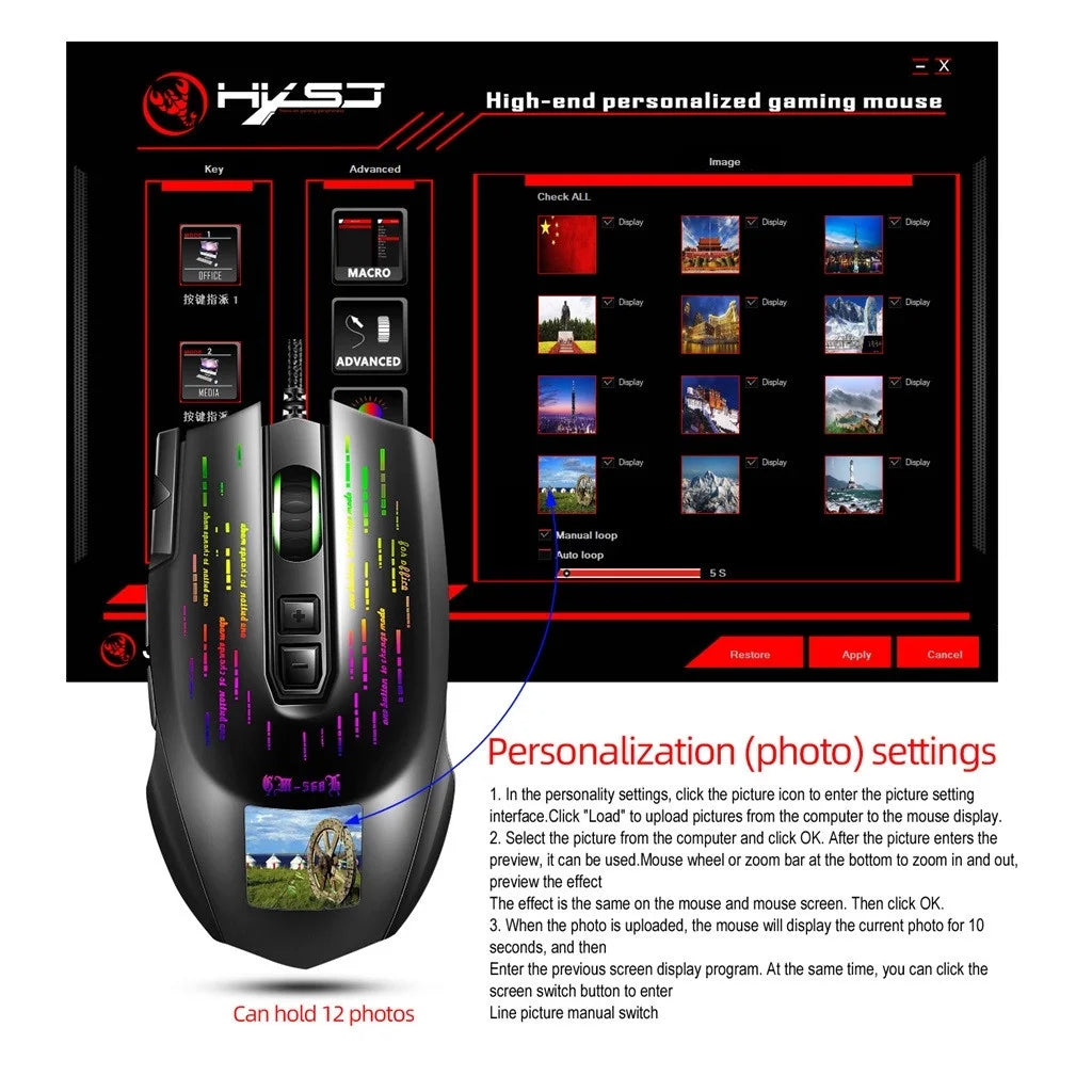 Gaming Mouse with Touch-Screen Display 6400DPI RGB Backlight Gamer Mice for PC Game/Office Mouse Electronics Gadgets Computer Accessories Black