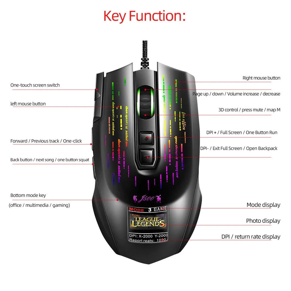 Gaming Mouse with Touch-Screen Display 6400DPI RGB Backlight Gamer Mice for PC Game/Office Mouse Electronics Gadgets Computer Accessories Black